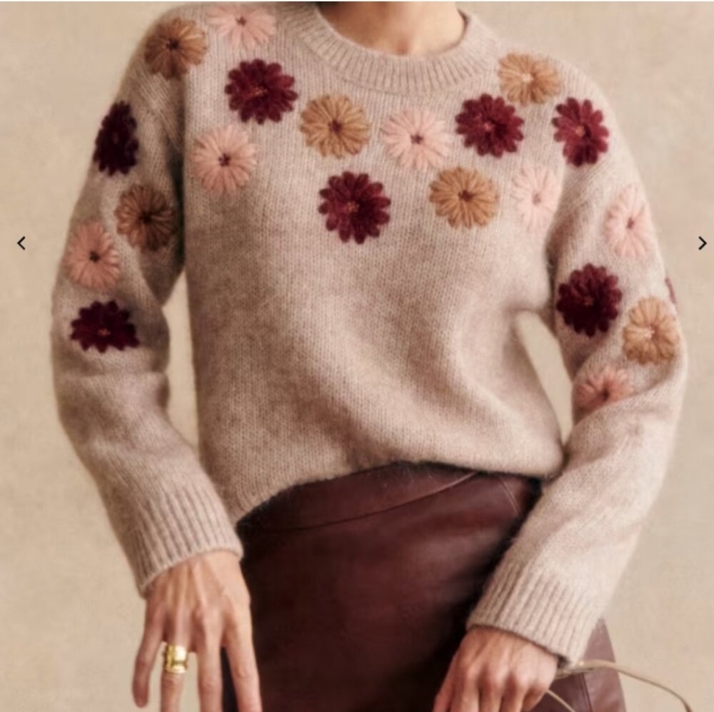 LA MAILLE SÉZANE Suzon Mohair Embroidered Floral Sweater Mottled Beige NWT RARE - Picture 3 of 10